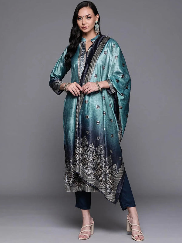 Blue Printed Velvet Suit Set - Jashvi