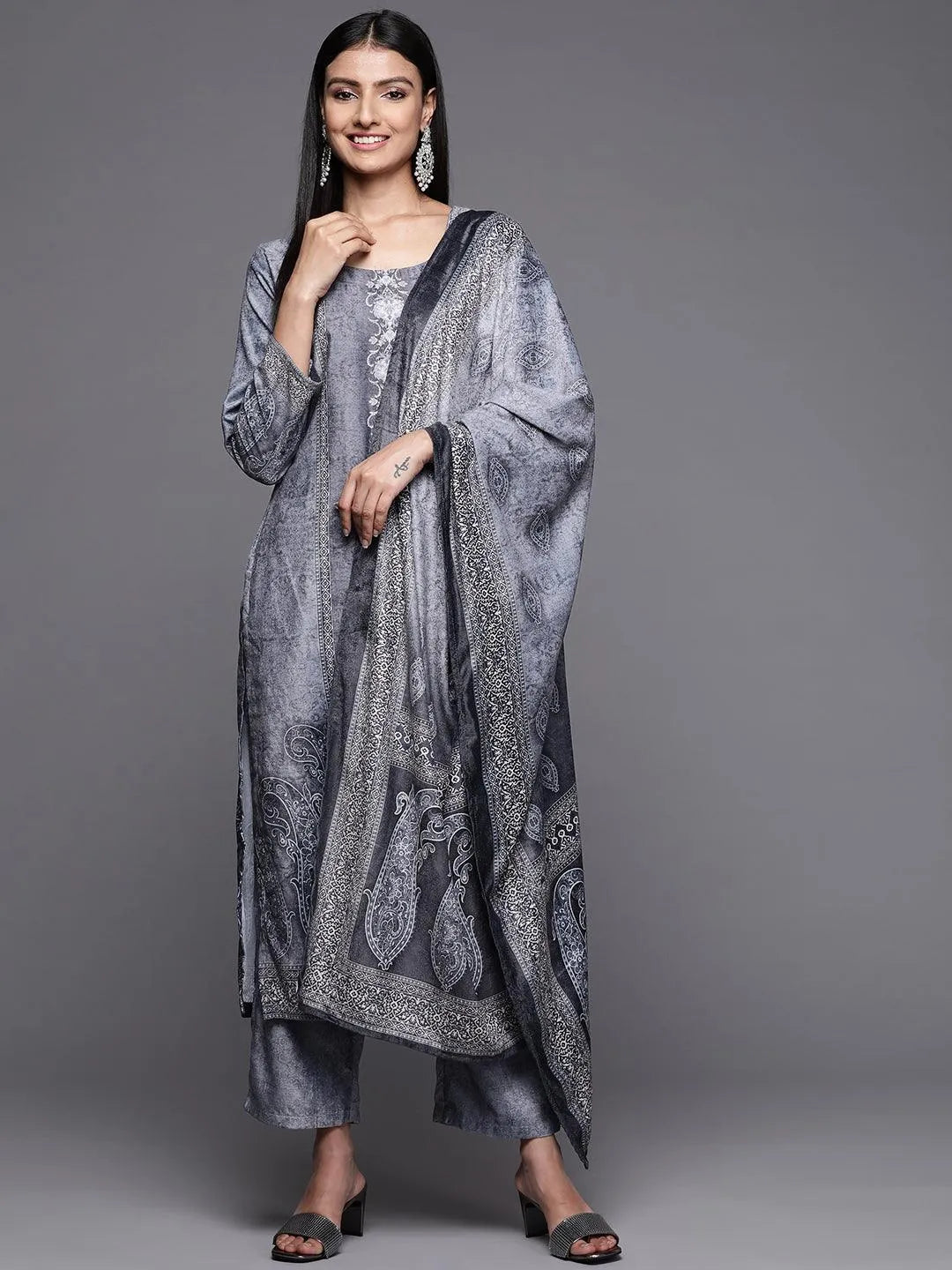 Blue Printed Velvet Straight Suit Set - Jashvi