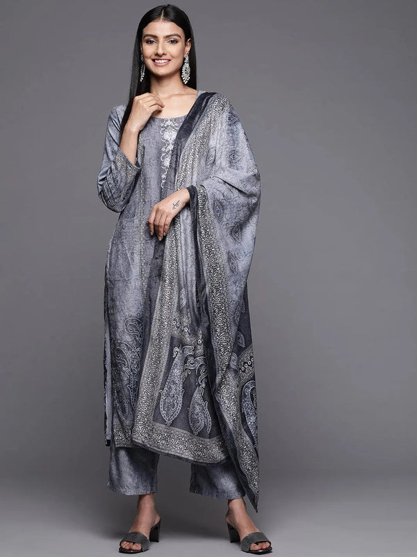 Blue Printed Velvet Straight Suit Set - Jashvi