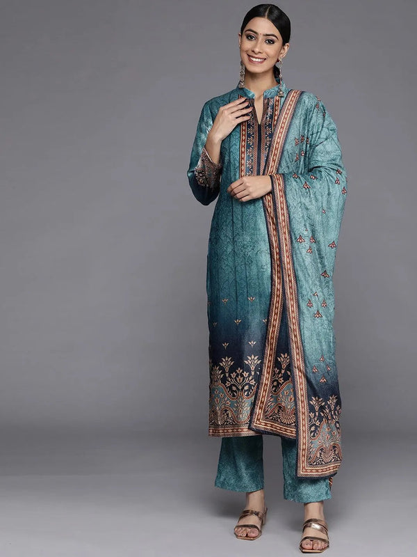 Blue Printed Velvet Straight Suit Set With Trousers - Jashvi