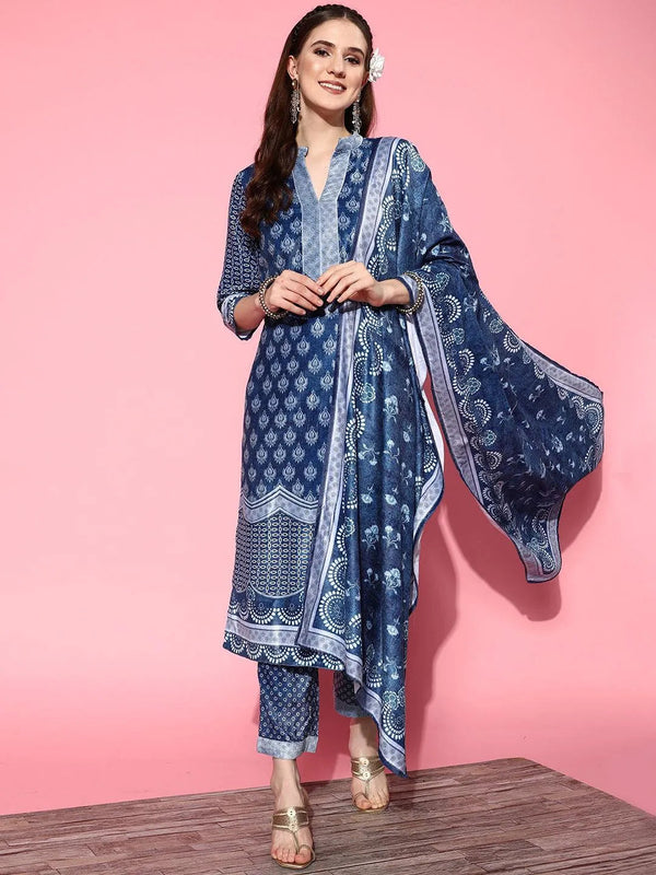 Blue Printed Velvet Straight Suit Set - Jashvi