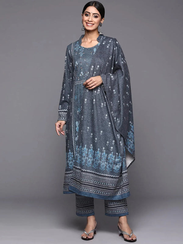 Blue Printed Wool Straight Suit Set - Jashvi