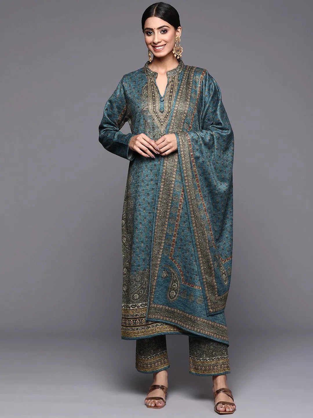 Blue Printed Wool Straight Suit Set - Jashvi