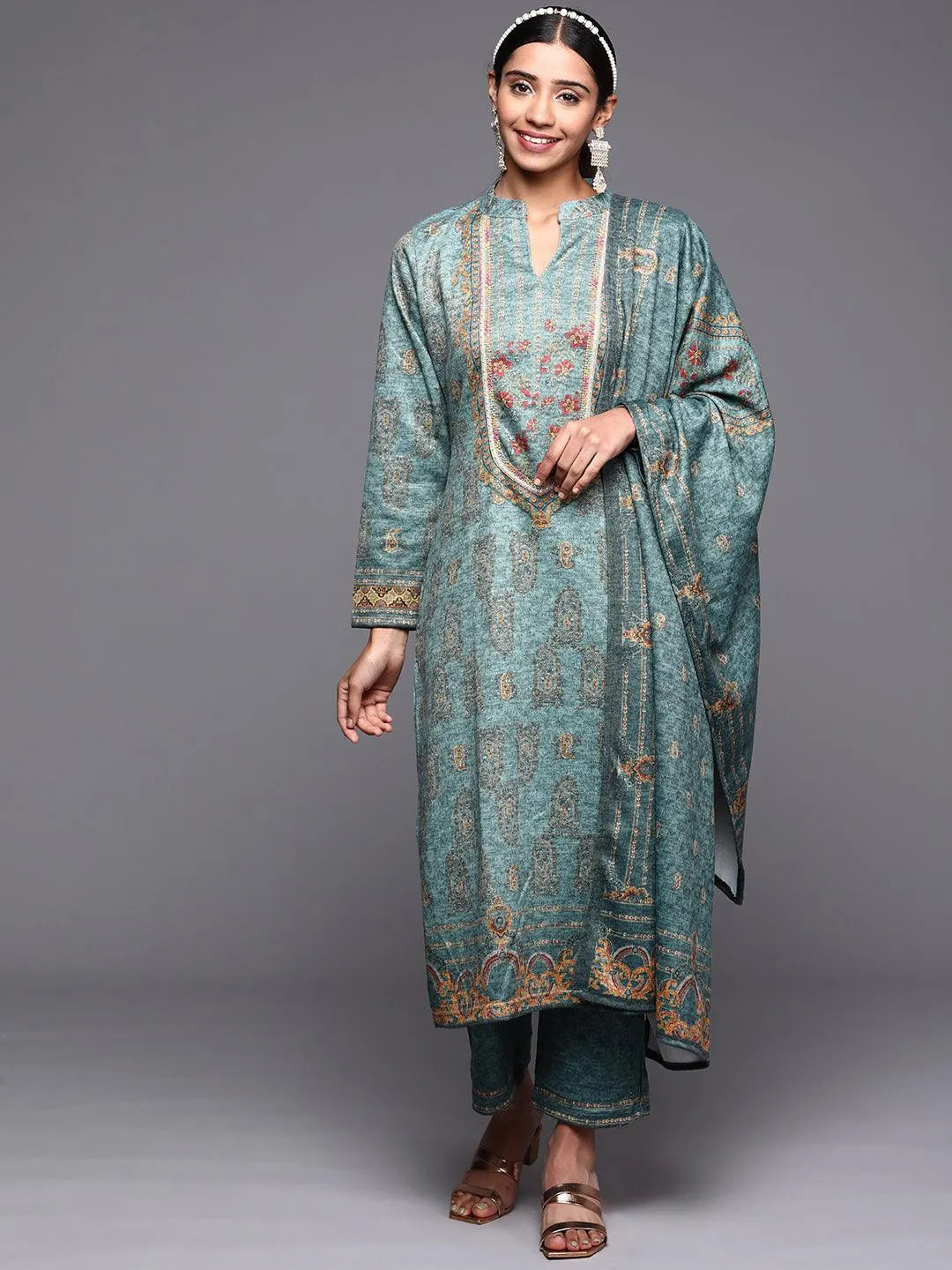 Blue Printed Wool Straight Suit Set - Jashvi