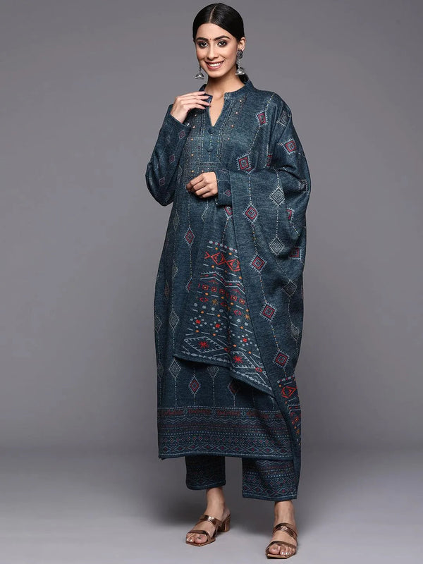 Blue Printed Wool Straight Suit Set - Jashvi