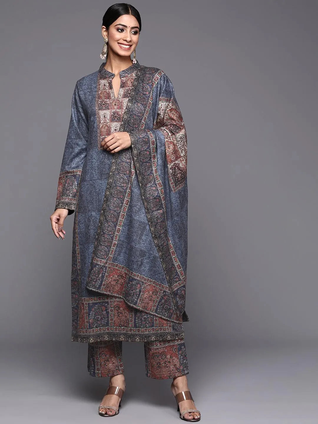 Blue Printed Wool Straight Suit Set - Jashvi