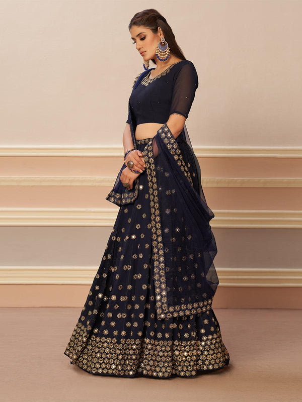 Women's Blue Sassy Mirror Work Lehenga Set - Odette