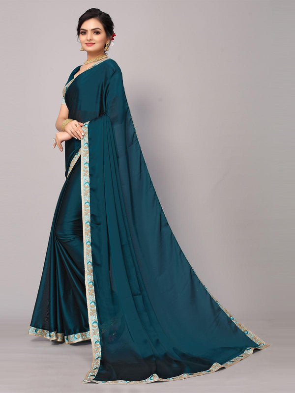 Women's Blue Satin Georgette Embroidery Border Work Saree With Blouse. - Odette