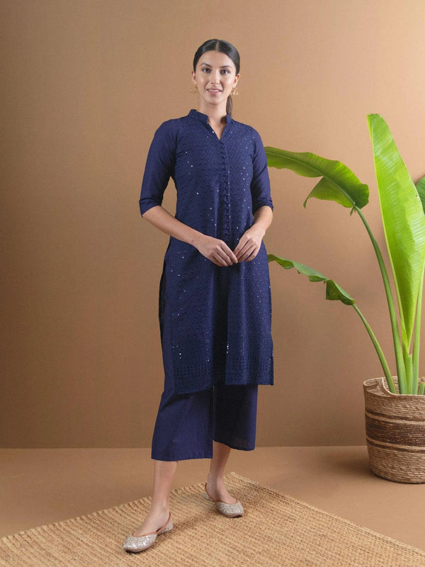 Blue Schiffli Cotton Kurta Set - Jashvi