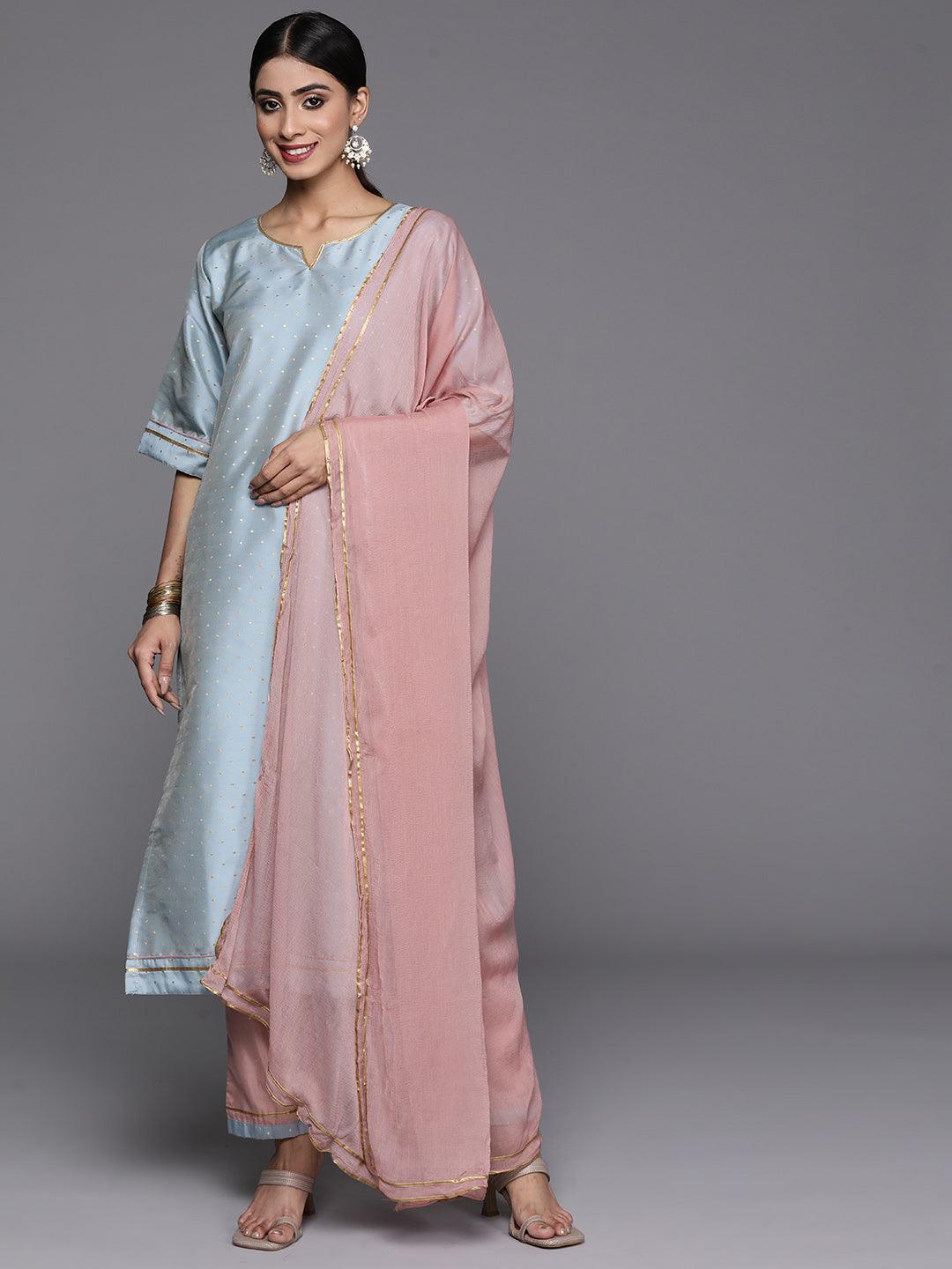 Blue Self Design Art Silk Straight Kurta With Trousers & Dupatta - Jashvi