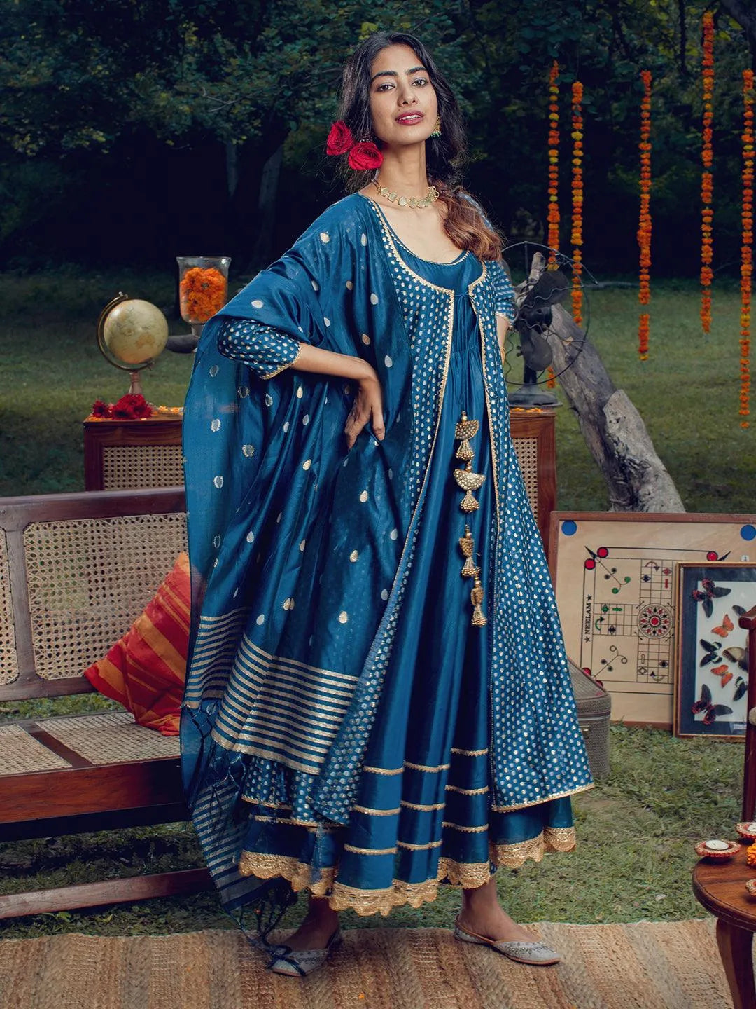 Blue Self Design Chanderi Silk Suit Set - Jashvi