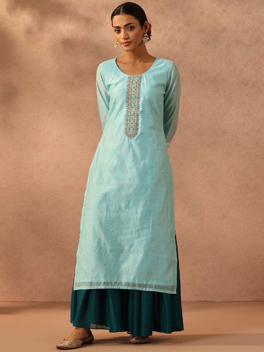 Blue Embellished Chanderi Silk Straight Kurta - Jashvi