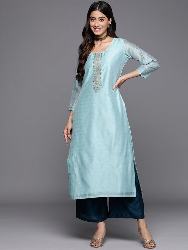 Blue Embellished Chanderi Silk Straight Kurta - Jashvi