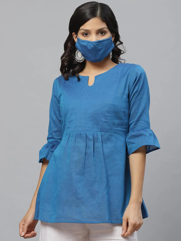 Blue Self Design Cotton Kurti With Mask - Jashvi