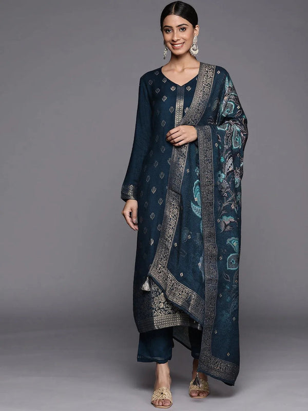 Blue Self Design Pashmina Wool Straight Suit Set - Jashvi