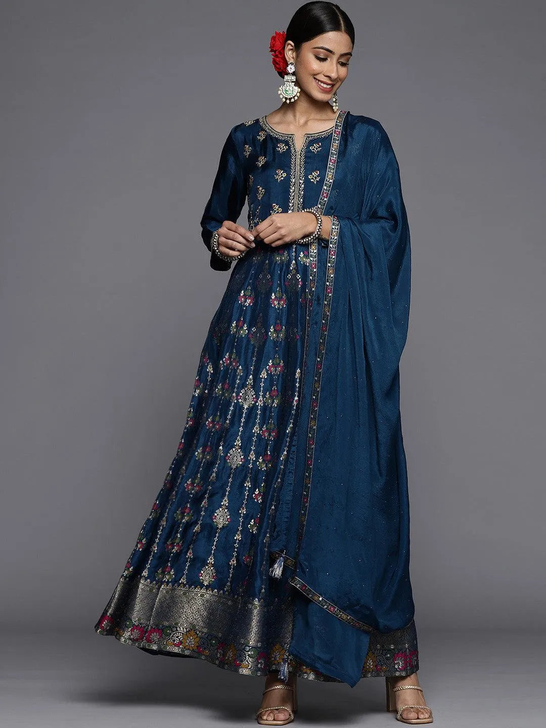 Blue Self Design Silk Anarkali Suit Set - Jashvi