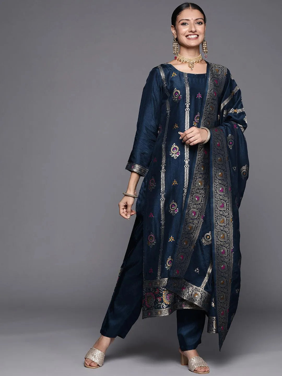 Blue Self Design Silk Blend Straight Suit Set - Jashvi