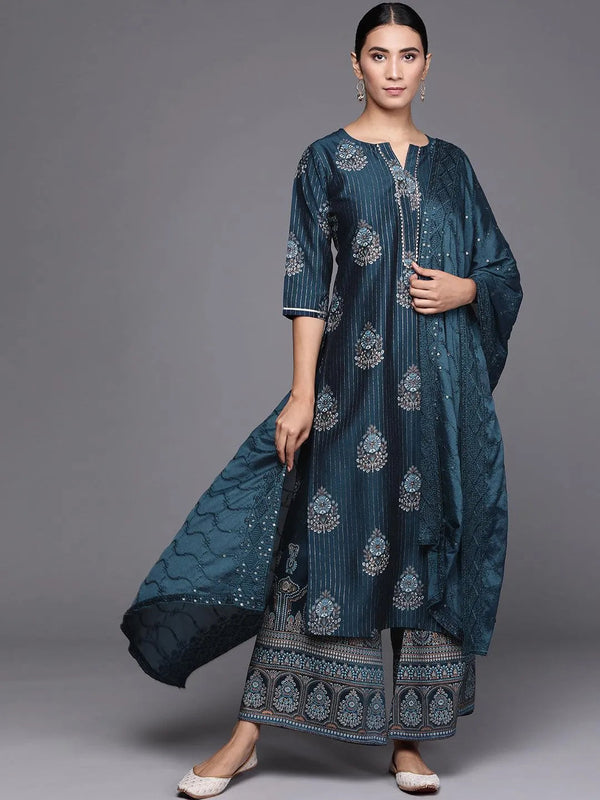 Blue Self Design Silk Blend Suit Set - Jashvi