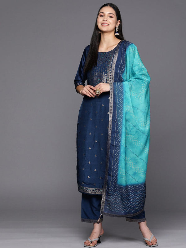 Blue Self Design Silk Blend Straight Suit Set With Trousers - Jashvi