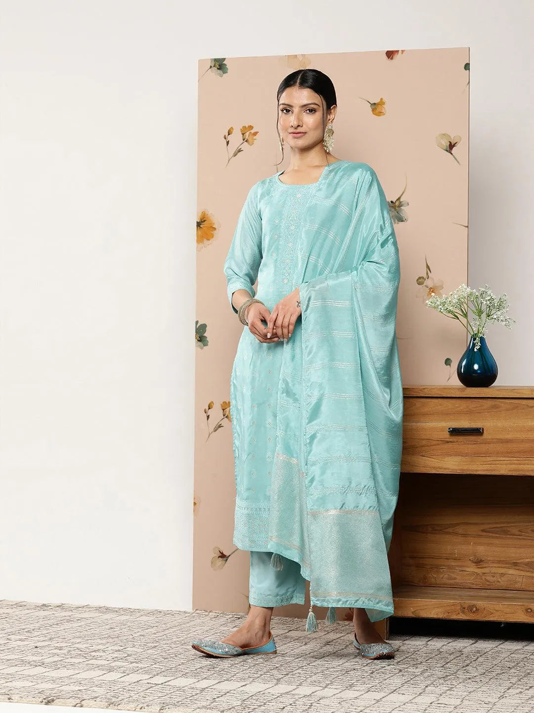 Blue Self Design Silk Blend Suit Set With Trousers - Jashvi