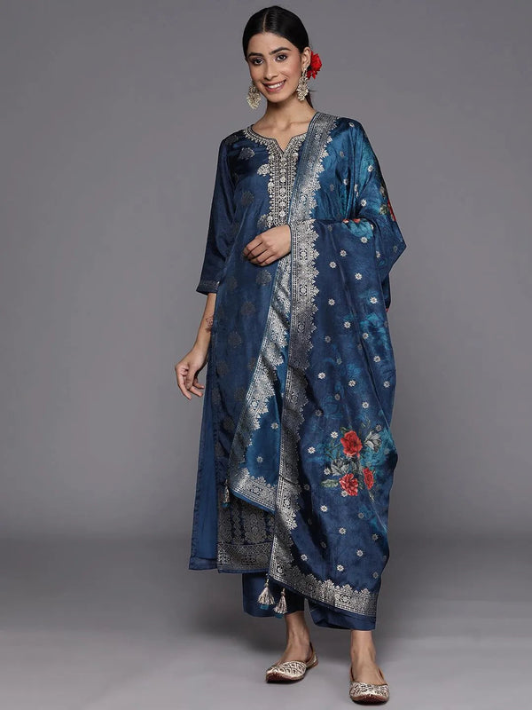 Blue Self Design Silk Suit Set With Trousers - Jashvi