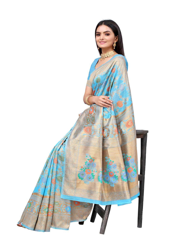 Women's Blue Silk Blend Woven Design Saree With Blouse - Odette