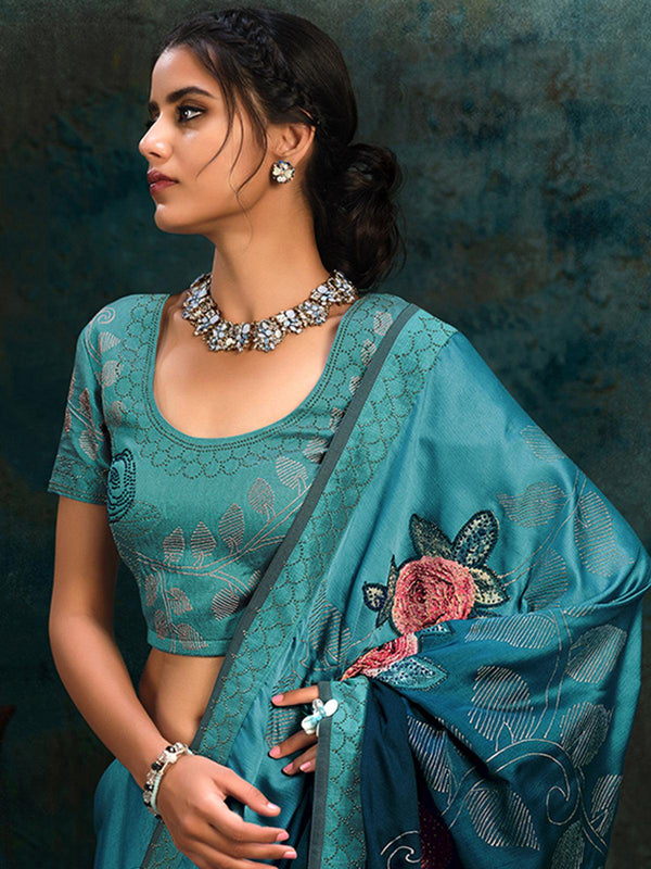 Women's Blue Silk Georgette Designer Saree With Blouse - Odette