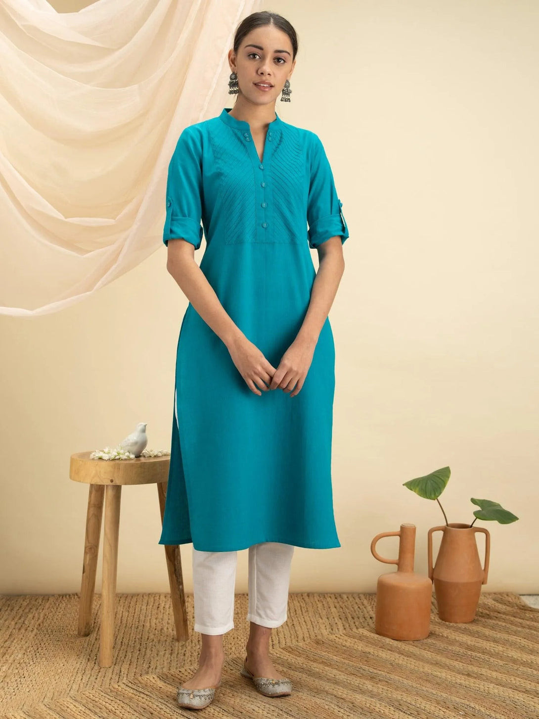 Blue Solid Cotton Kurta - Jashvi