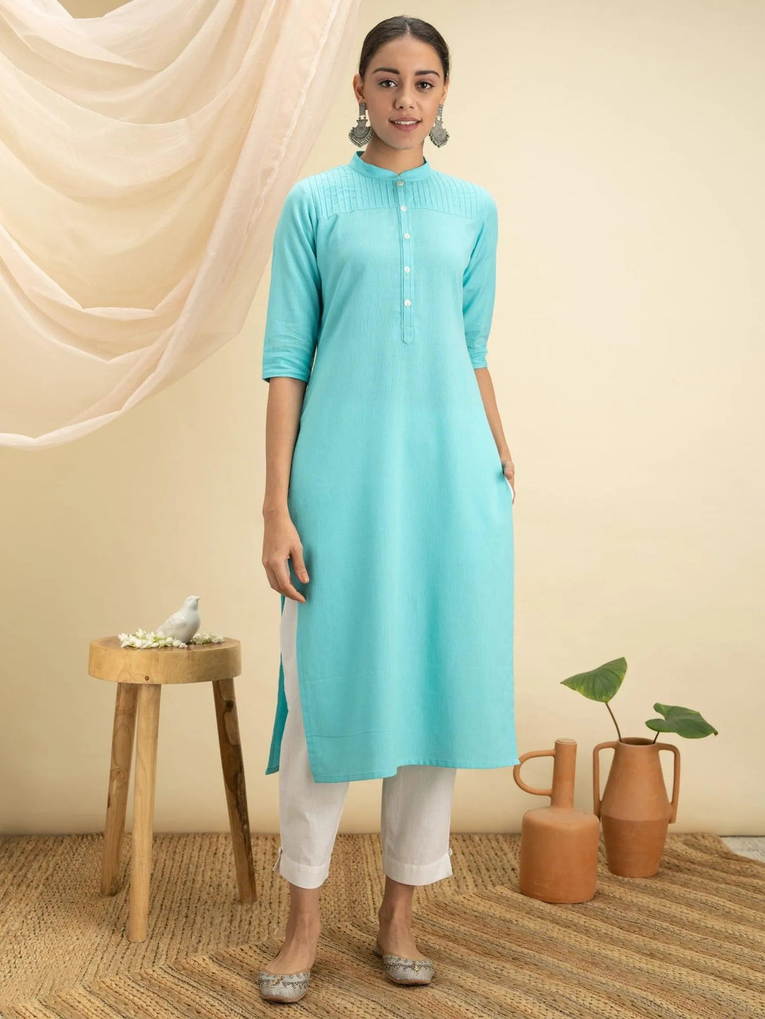 Blue Solid Cotton Kurta - Jashvi