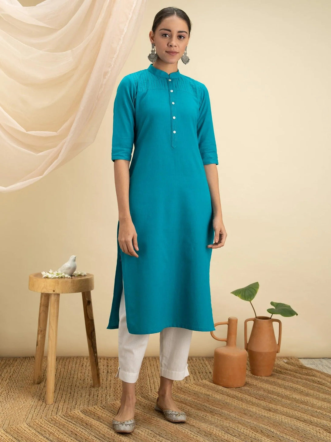 Blue Solid Cotton Kurta - Jashvi