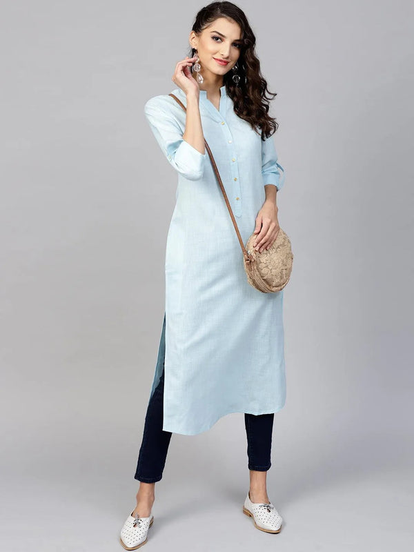 Blue Solid Cotton Kurta - Jashvi