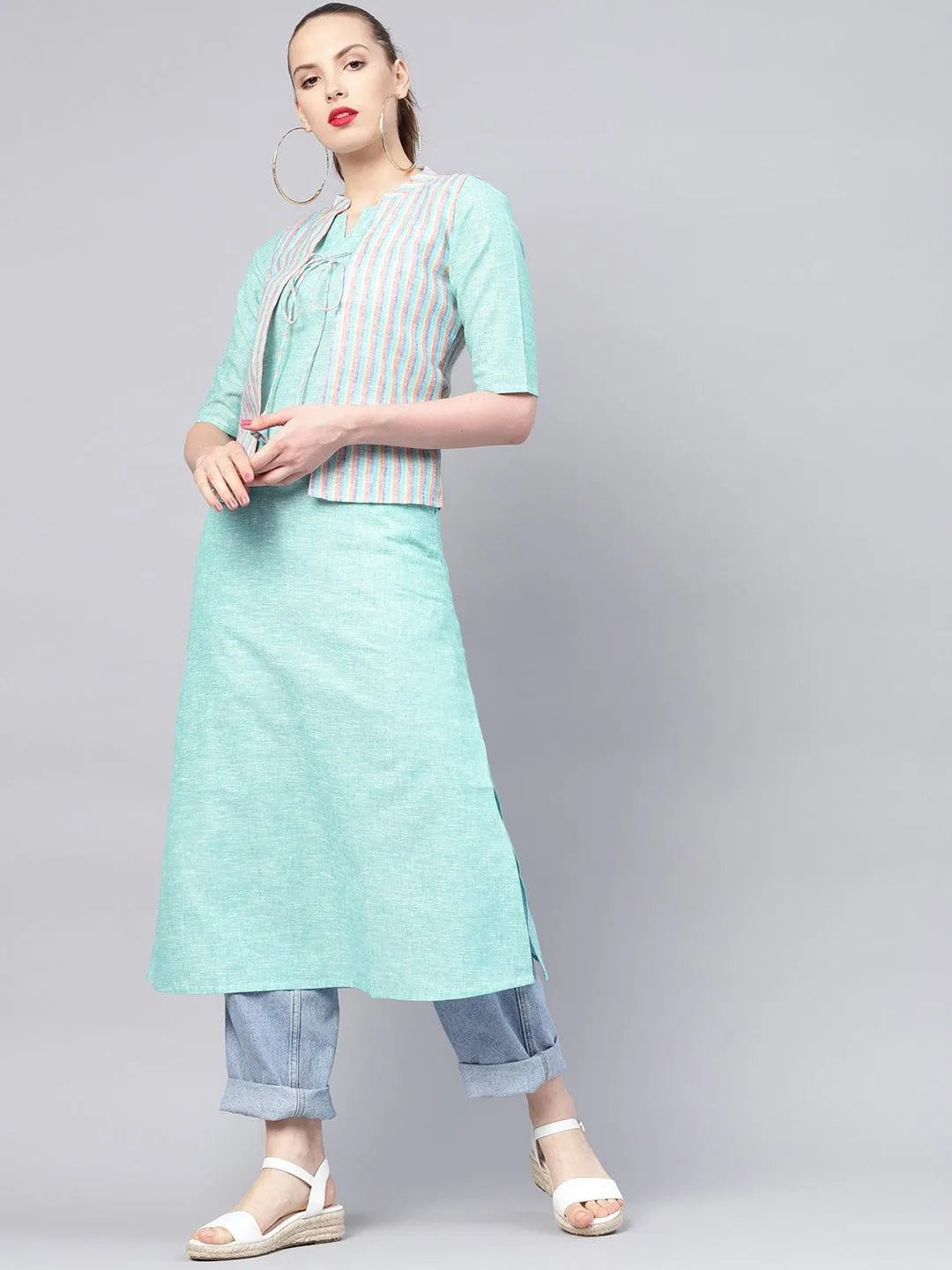 Blue Solid Cotton Kurta With Jacket - Jashvi