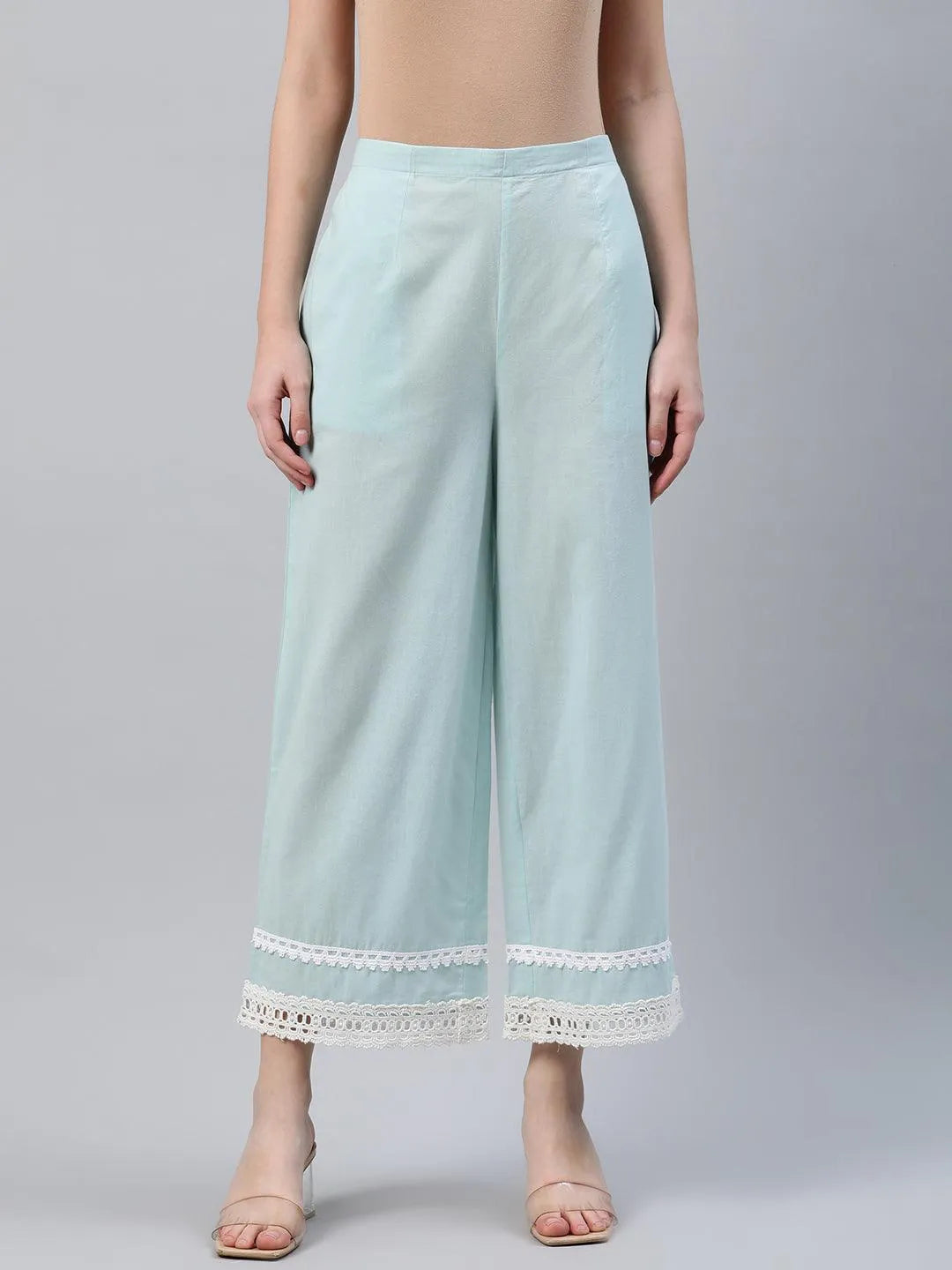 Blue Solid Cotton Palazzos - Jashvi