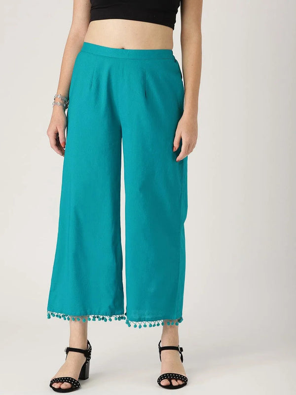 Blue Solid Cotton Palazzos - Jashvi