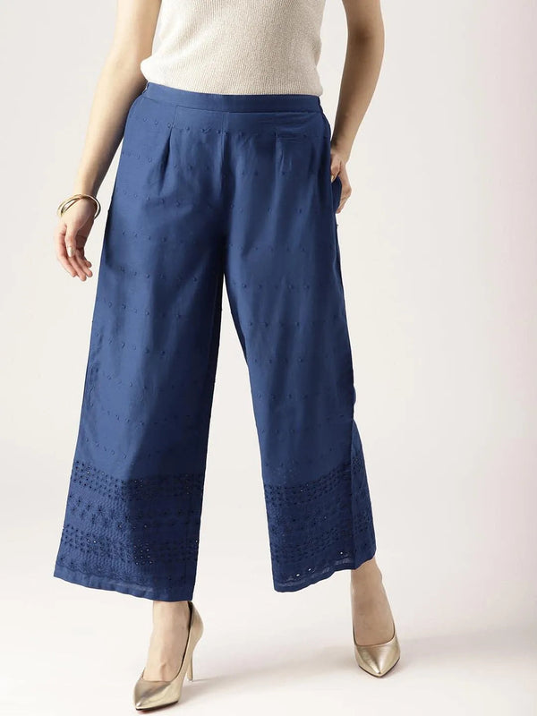 Blue Solid Cotton Palazzos - Jashvi