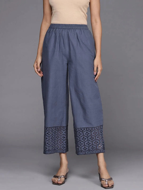 Blue Solid Cotton Palazzos - Jashvi