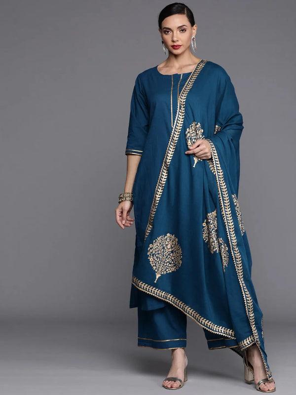 Blue Solid Cotton Suit Set - Jashvi