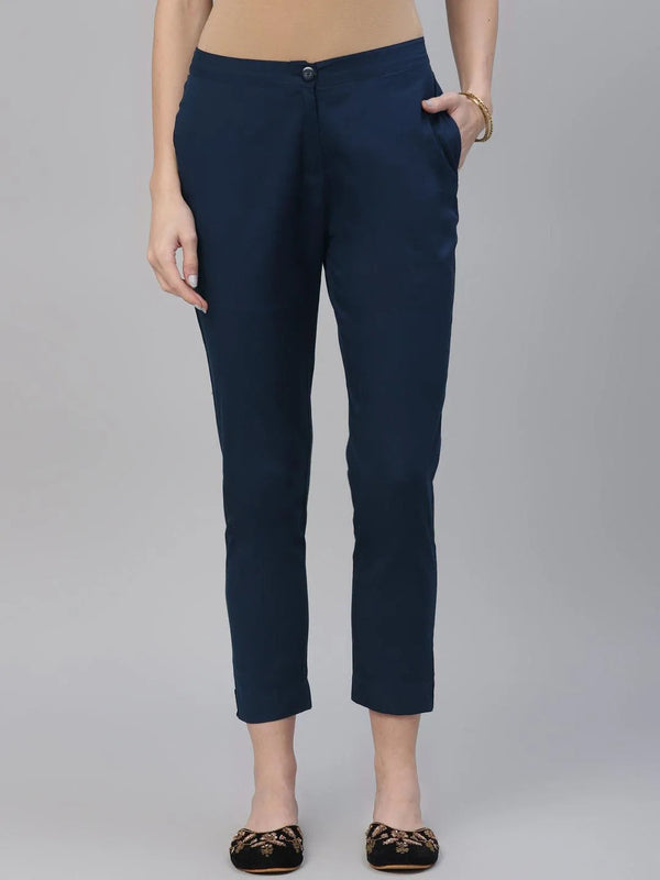 Blue Solid Cotton Trousers - Jashvi