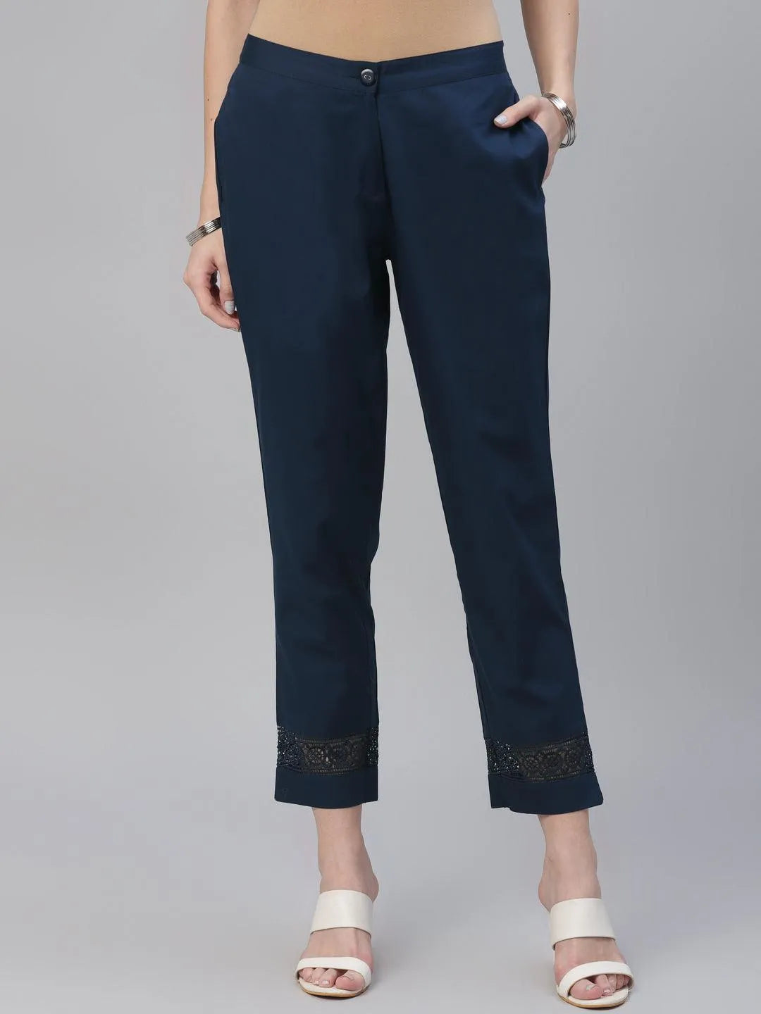 Blue Solid Cotton Trousers - Jashvi