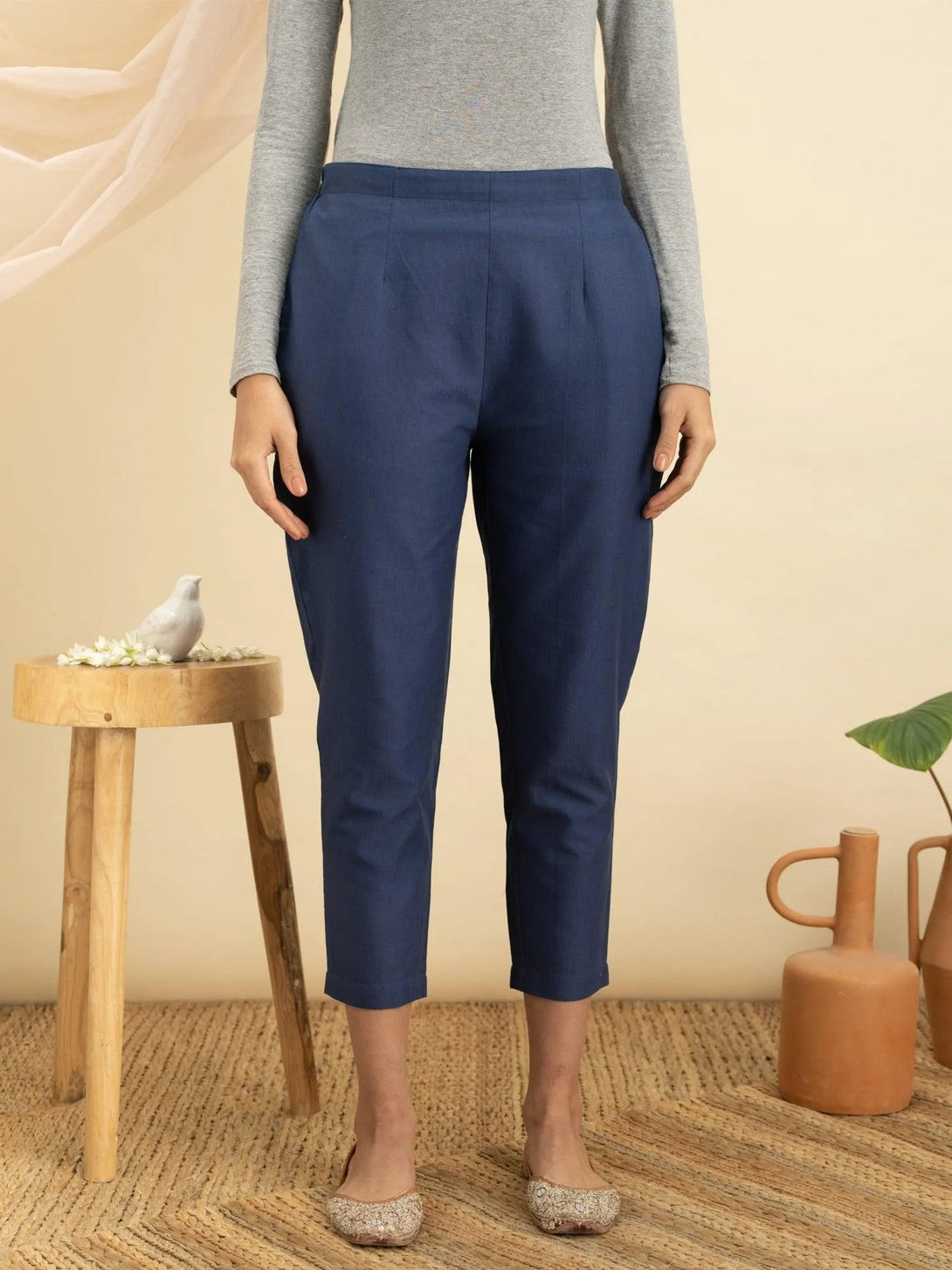 Blue Solid Cotton Trousers - Jashvi