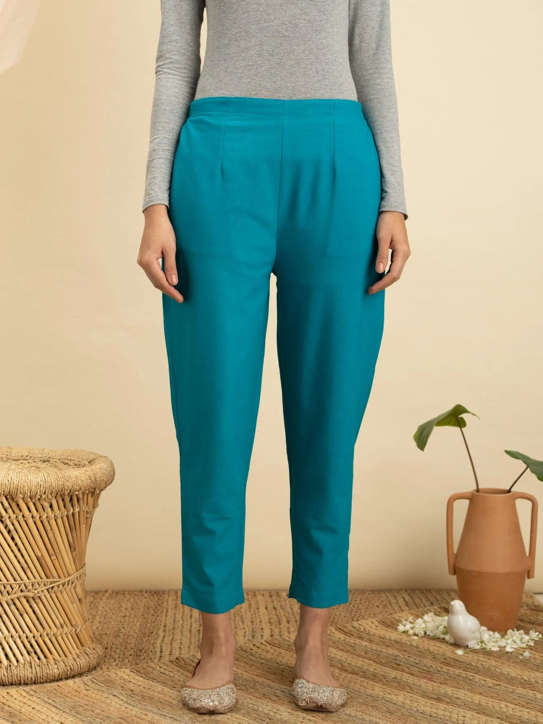 Blue Solid Cotton Trousers - Jashvi