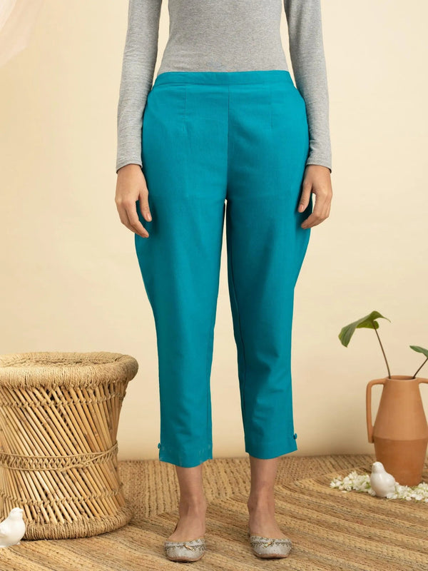 Blue Solid Cotton Trousers - Jashvi