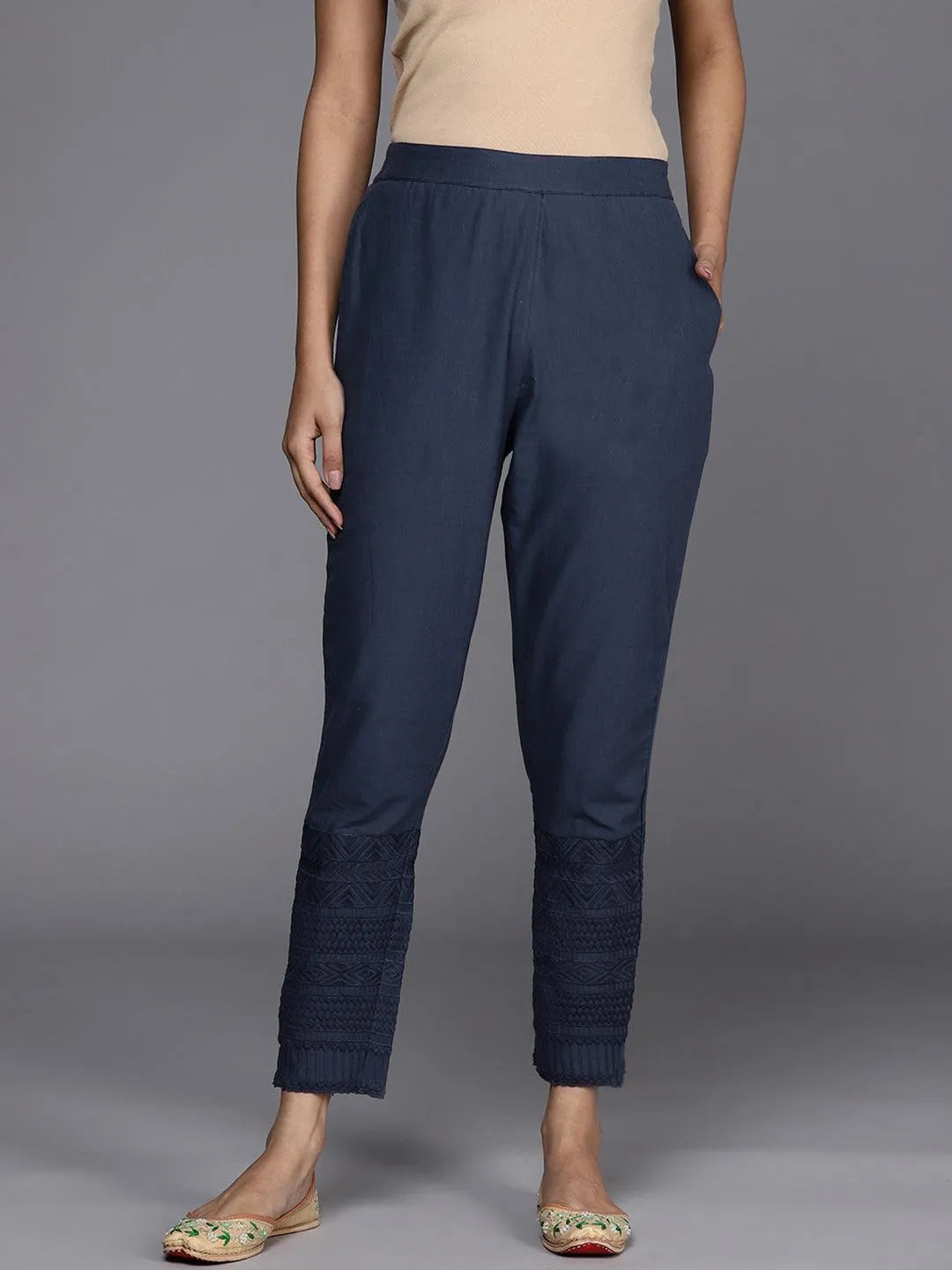 Blue Solid Cotton Trousers - Jashvi