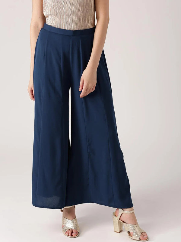 Blue Solid Crepe Palazzos