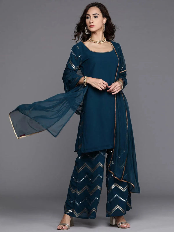 Blue Solid Poly Georgette Suit Set - Jashvi