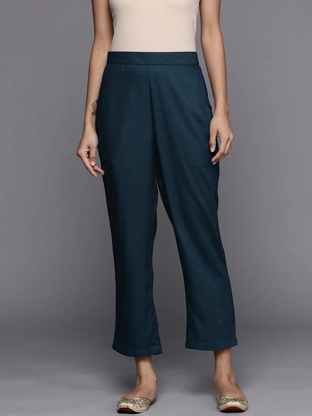 Blue Solid Pashmina Wool Trousers - Jashvi