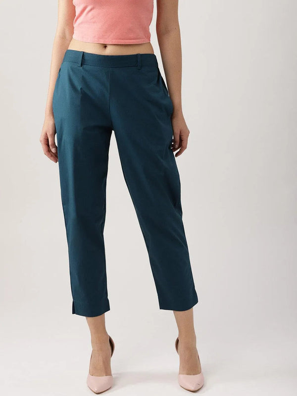 Blue Solid Polyester Trousers