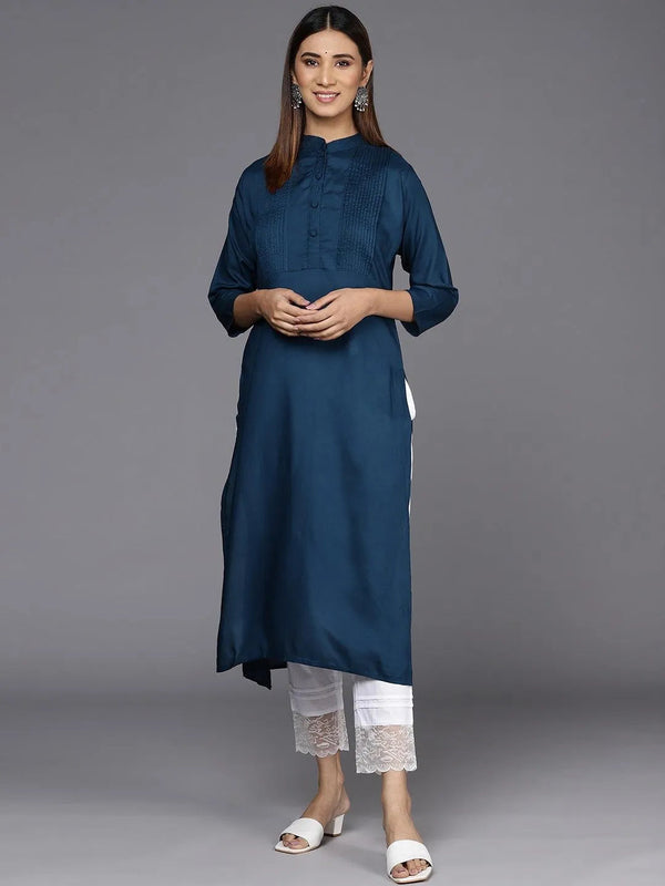 Blue Solid Rayon Straight Kurta - Jashvi