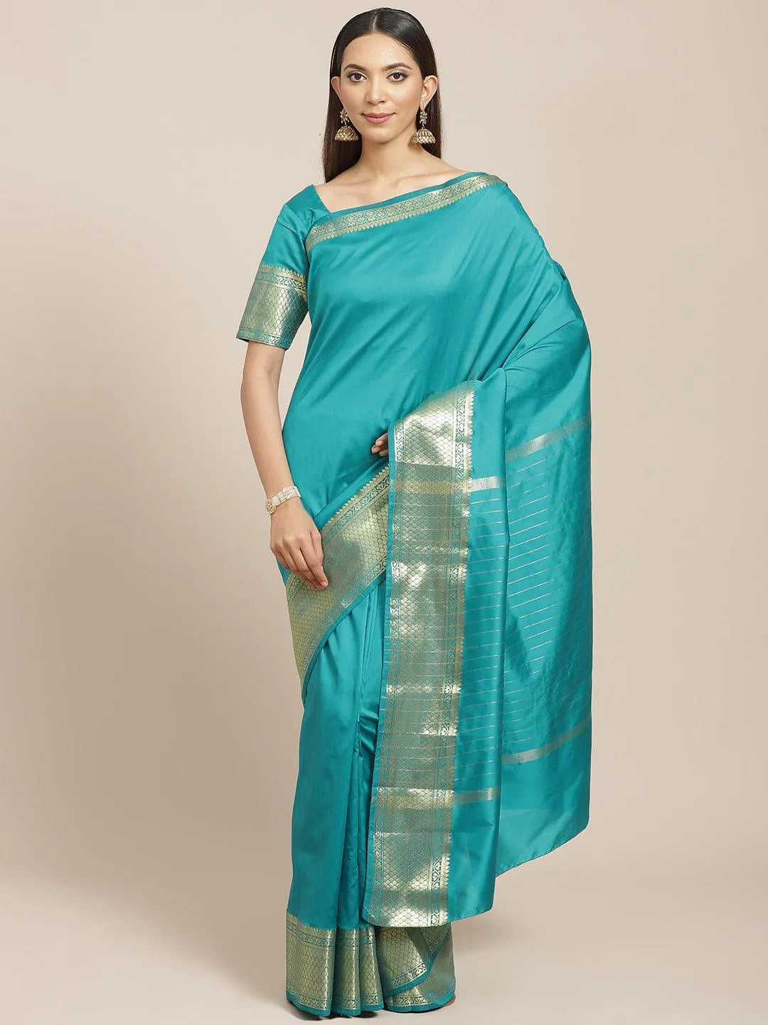 Blue Solid Silk Blend Saree - Jashvi