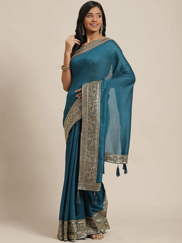 Blue Solid Silk Blend Saree - Jashvi